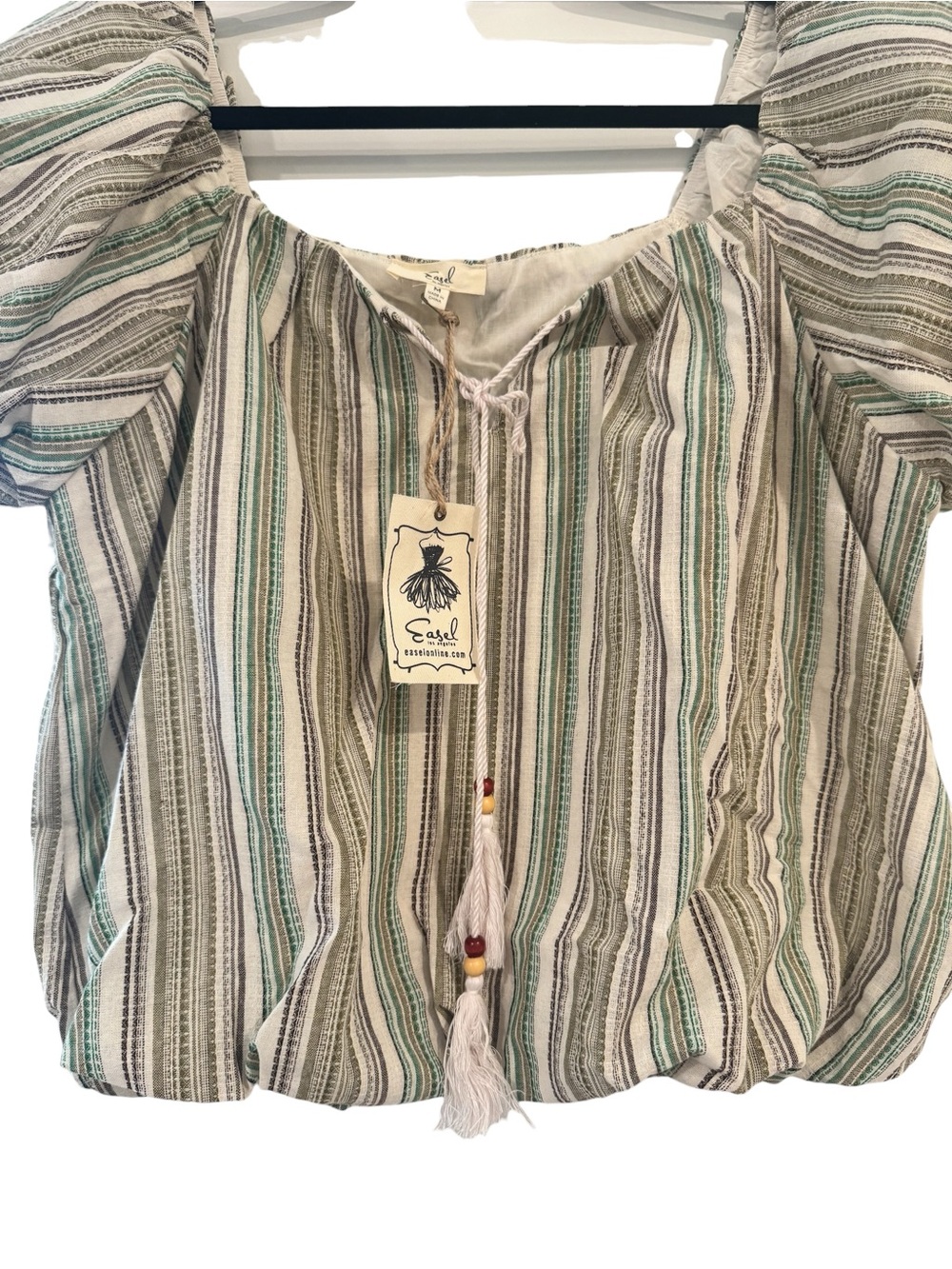 NWT Easel Striped Peasant Blouse with Tassel Tie - Picture 2 of 4